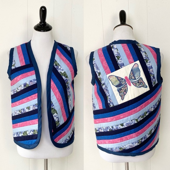 Handmade Quilted Butterfly Floral Cottagecore Quilt Vest Sz M-L Blue Pink - Picture 1 of 14